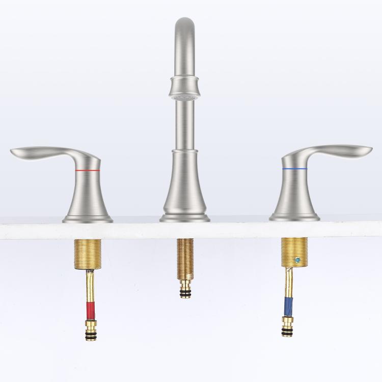 Brushed nickel 3-hole widespread bathroom faucet with two side handles and central spout