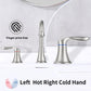 Brushed nickel widespread bathroom faucet with left hot and right cold indicator stripes