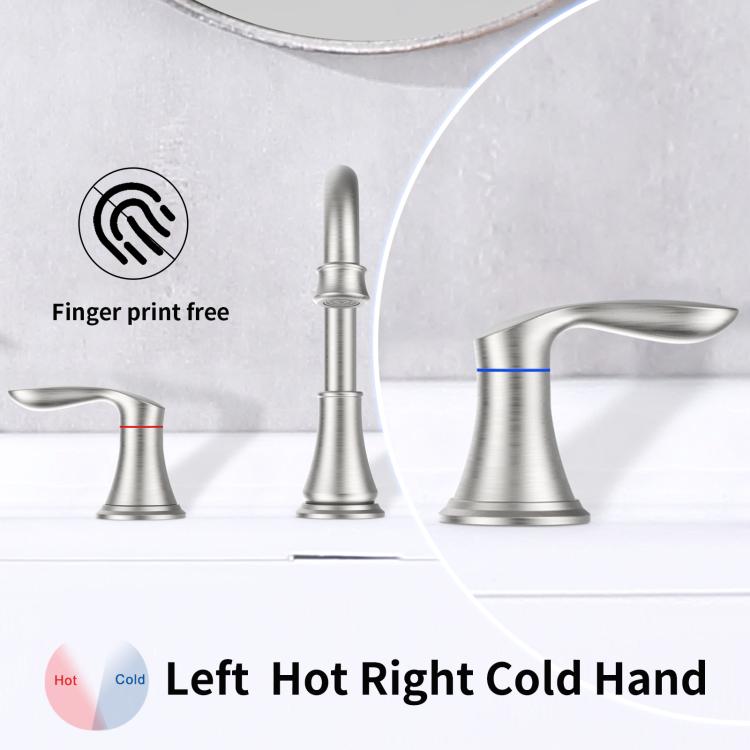 Brushed nickel widespread bathroom faucet with left hot and right cold indicator stripes