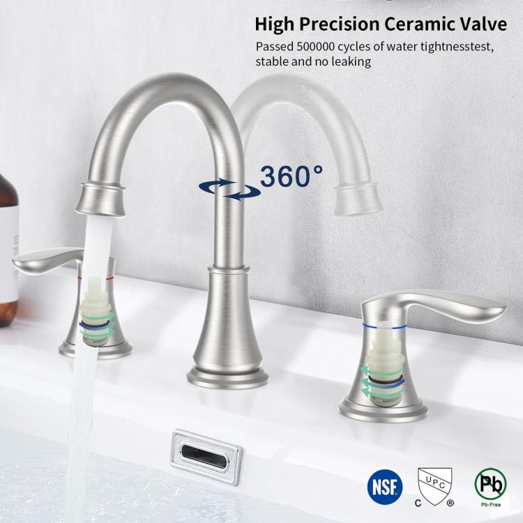 Brushed nickel 360-degree swiveling bathroom sink faucet with two lever handles and spout