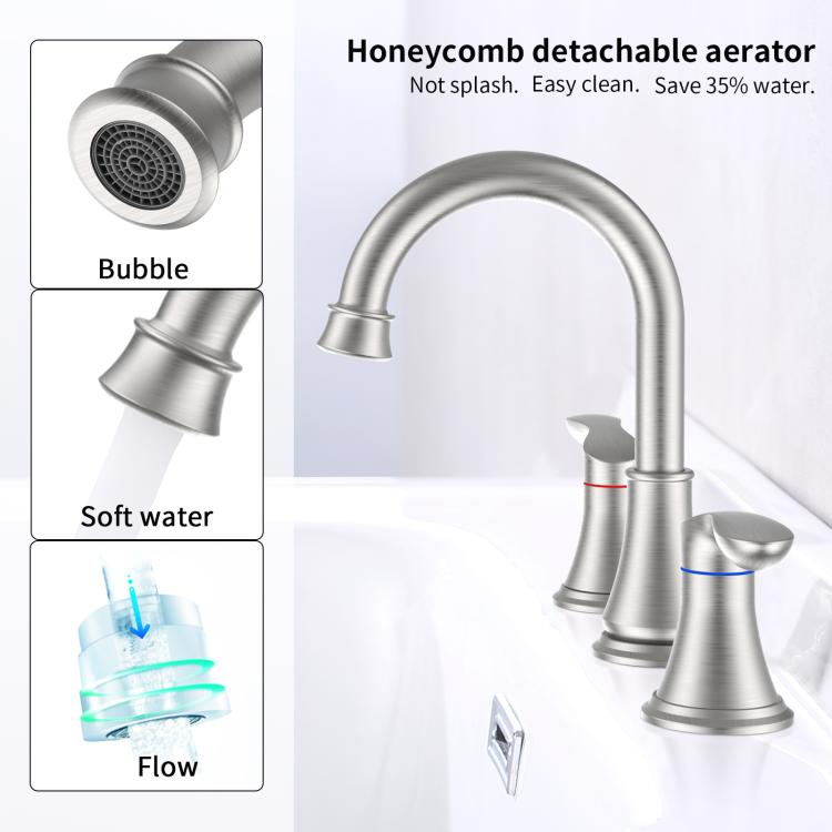 Brushed nickel bathroom faucet with aerator tip and curved spout