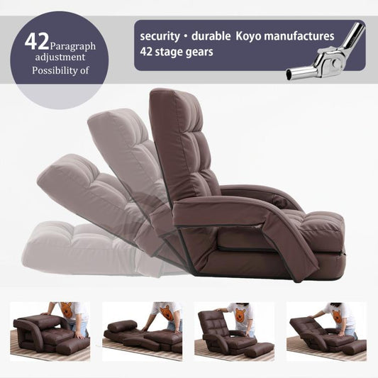 Adjustable folding floor lounge chair with extended footrest, padded back, dark brown