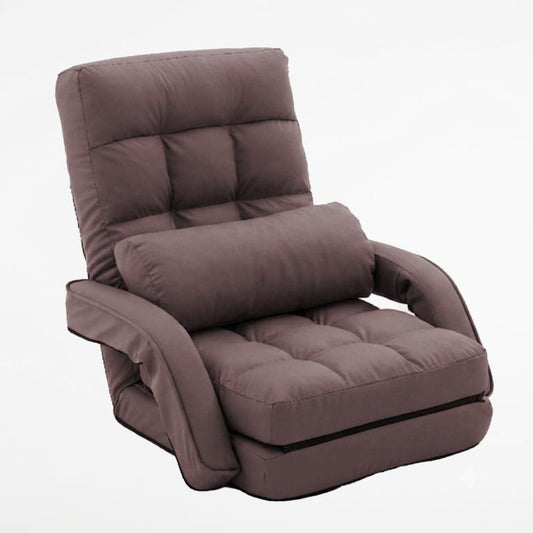 Folding floor lounge chair with padded backrest and armrests, dark brown, reclining