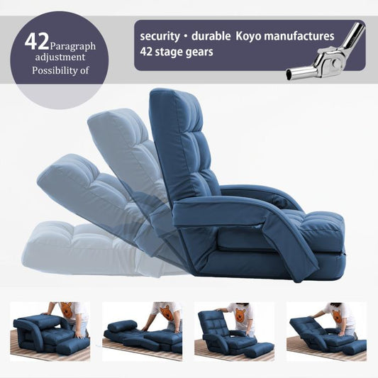 Blue reclining floor chair with padded backrest and side arm supports
