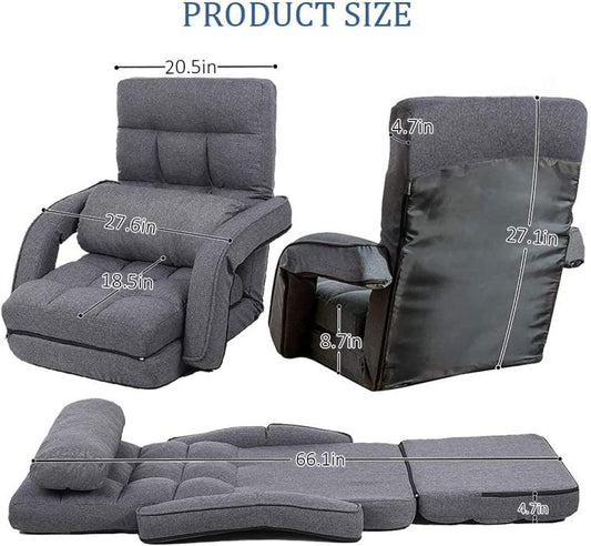 Indoor Floor Gaming Chairs for Adults with Back Support,Chaise Lounge, 14-Position Folding Lazy Sofa with Pillow for Living Room, Bedroom, Balcony(Grey) 8803GR