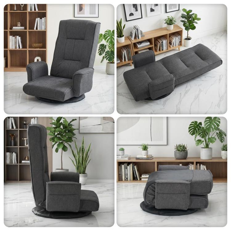 Dark grey swivel floor chair shown upright and reclined