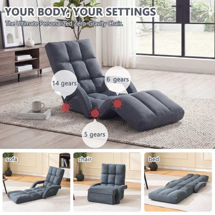 Grey zero-gravity padded floor recliner chair with supportive back and leg rests