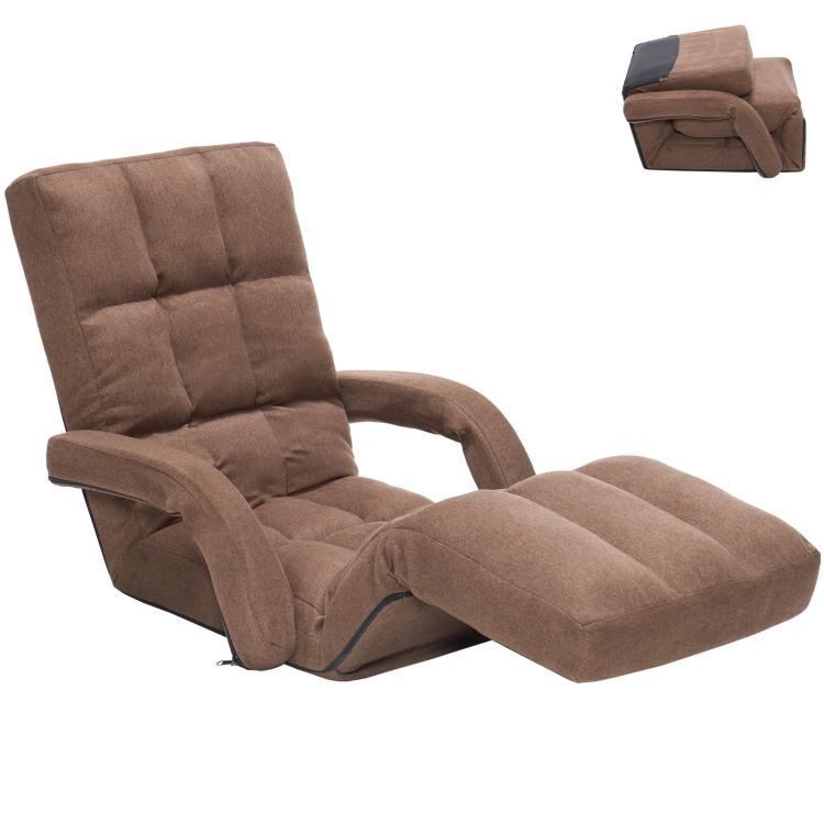 Brown adjustable floor gaming chair with padded headrest and extended footrest