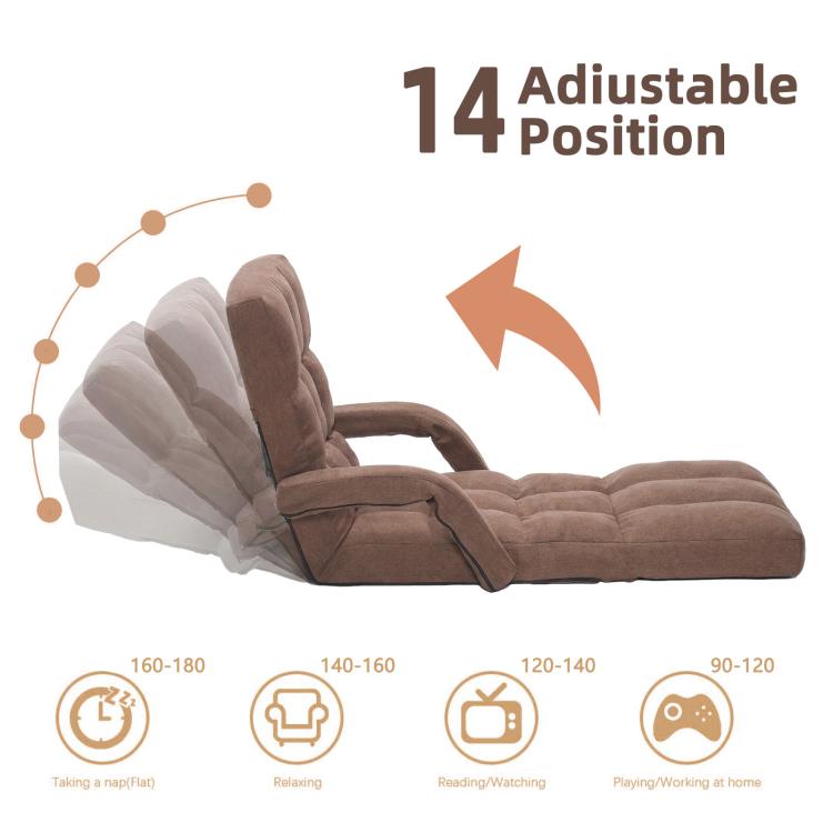 Brown adjustable floor chair reclined flat with padded headrest and armrests