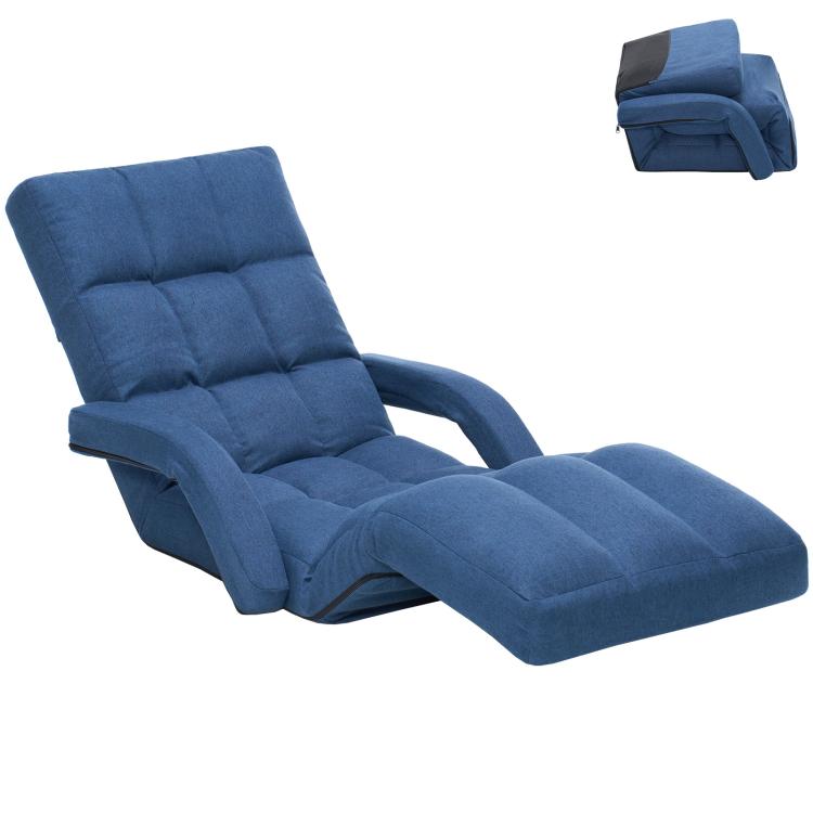 Blue padded floor gaming chair with extendable footrest and reclining back