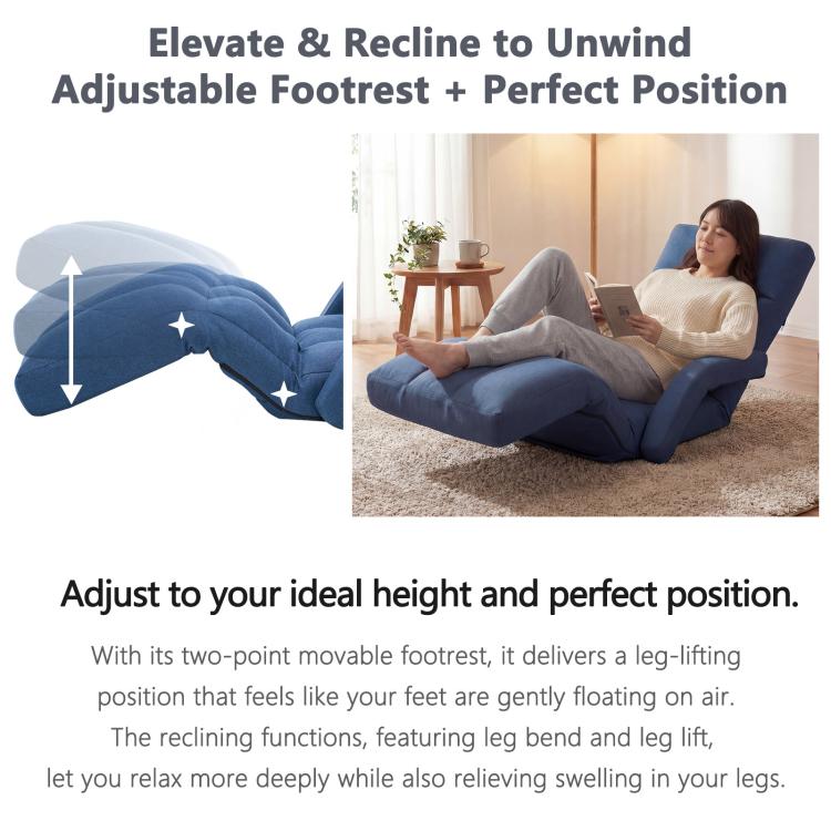 Blue floor chair with adjustable two-point footrest for reclining comfort