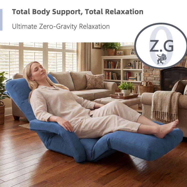 Blue cushioned zero-gravity reclining floor chair with padded headrest