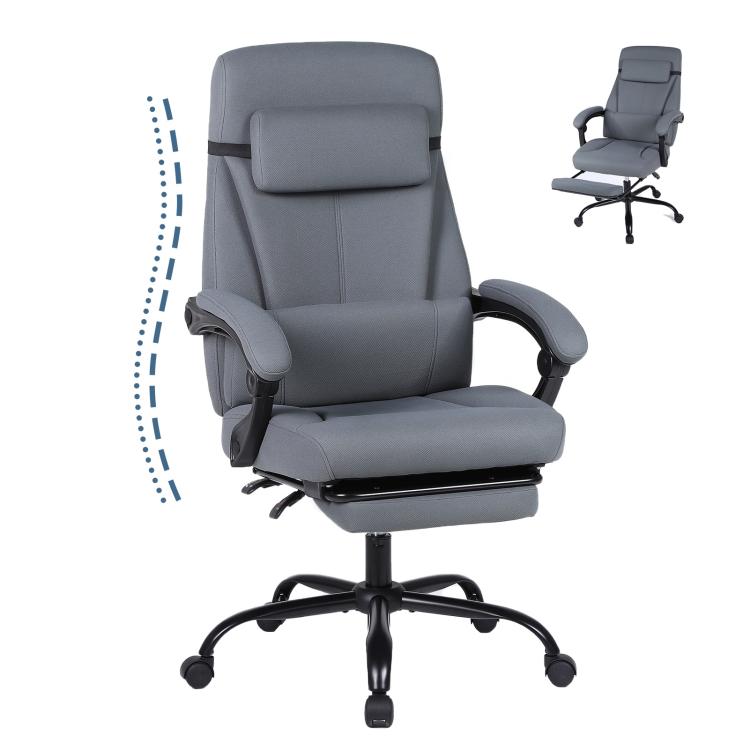 Grey fabric ergonomic office chair with high back, padded headrest, and armrests