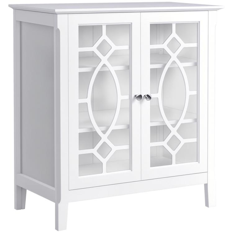 White sideboard cabinet with double framed glass doors and decorative geometric panels