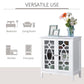 White sideboard cabinet with framed glass doors and decorative geometric window panels