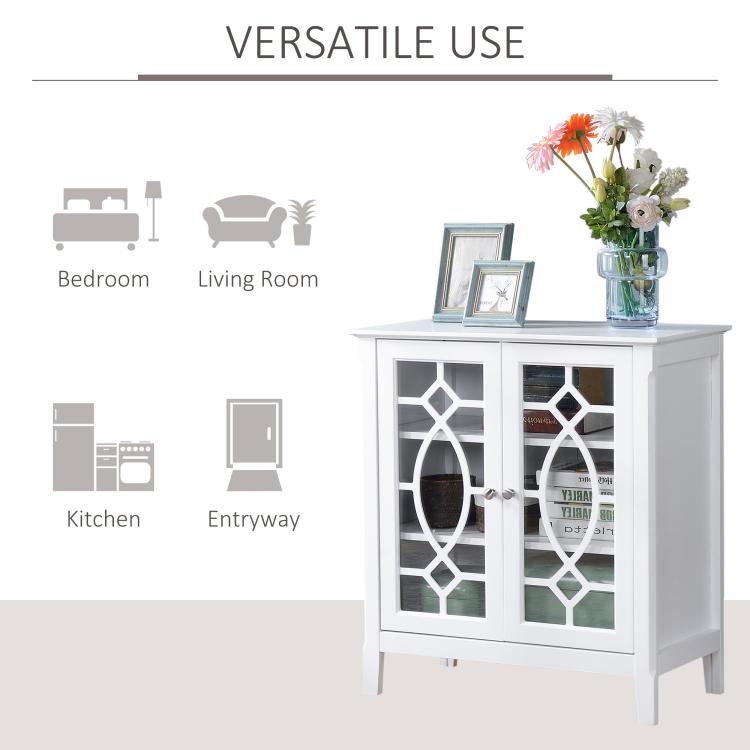 White sideboard cabinet with framed glass doors and decorative geometric window panels