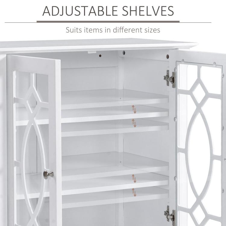 Adjustable shelving inside a white sideboard cabinet with double glass doors