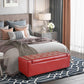 Red faux leather storage ottoman bench seat with tufted lid on short black legs