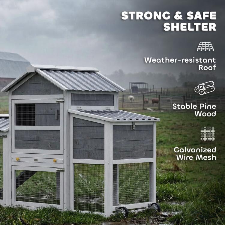 Weather-resistant mobile chicken shelter with galvanized wire mesh and pine wood