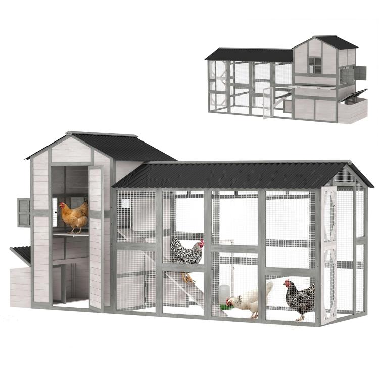 Gray wooden chicken coop with mesh run and side nesting house