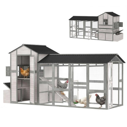 Gray wooden chicken coop with mesh run and side nesting house