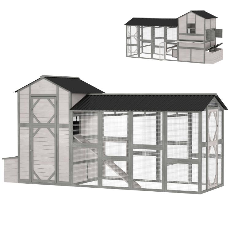 Gray wooden chicken coop with large covered run, side nesting house, wire mesh