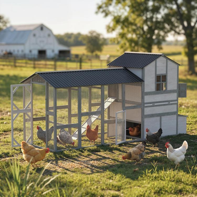 Gray wooden chicken coop with enclosed run and slanted metal roof, front access door
