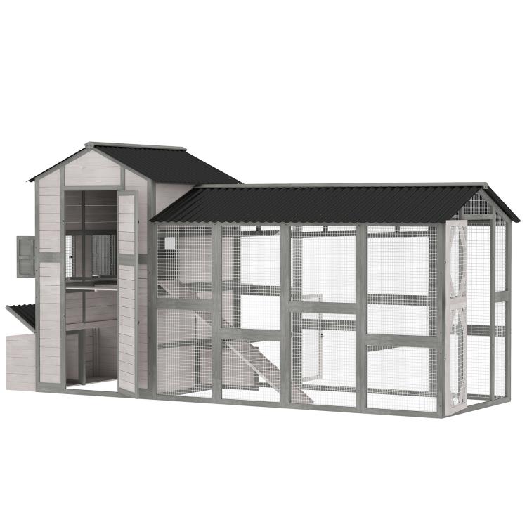 Gray wooden chicken coop with wire-mesh run and side door, gabled roof panels