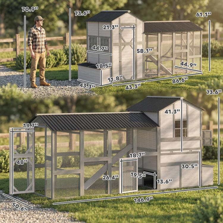 Gray wooden chicken coop with run, dimension diagram with labeled measurements