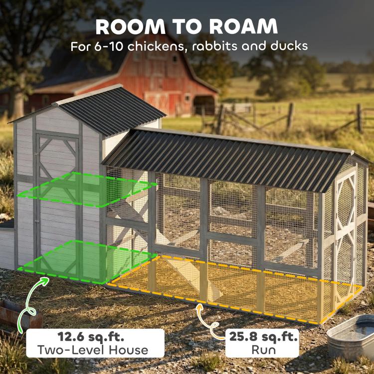 Gray two-level wooden chicken coop with covered run, ramp and mesh walls