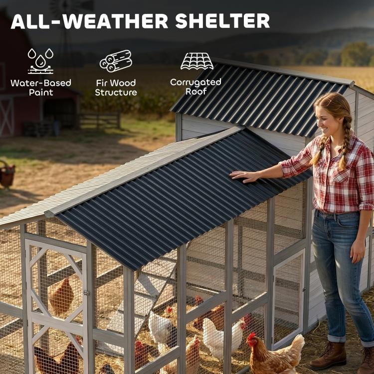 Gray wooden chicken coop with corrugated roof panels and wire-mesh enclosure