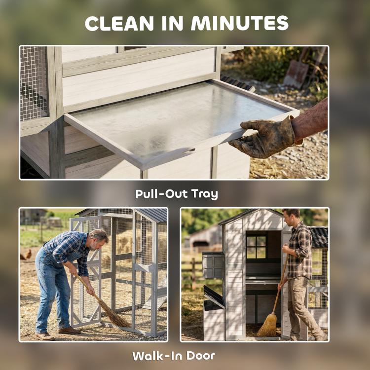 Gray chicken coop interior with pull-out tray and walk-in door access