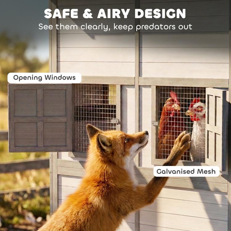 Gray chicken coop with opening windows and galvanized mesh walls, front corner view