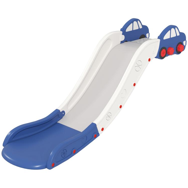 Blue-and-white toddler slide with curved ramp and built-in guard rails