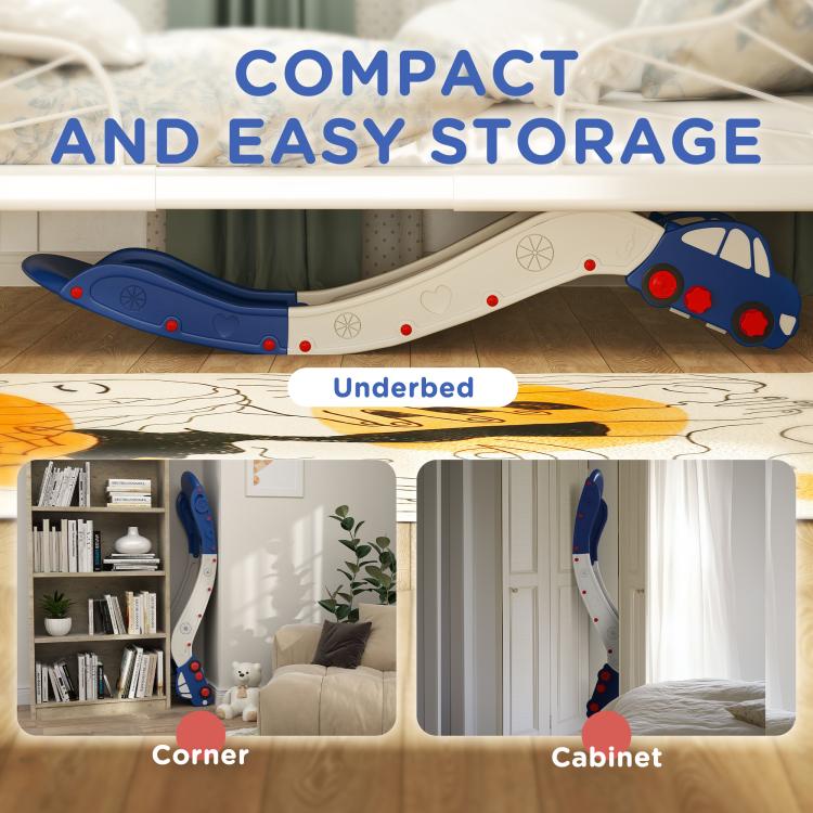 Blue-and-white toddler slide folded for compact under-bed and cabinet storage
