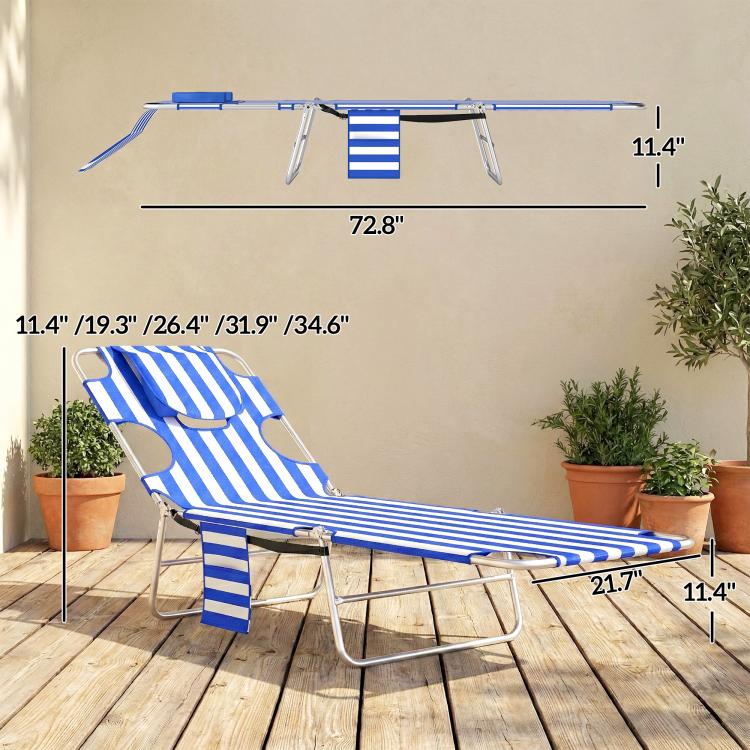 Blue striped adjustable tanning lounge chair with face pillow and steel frame, unfolded