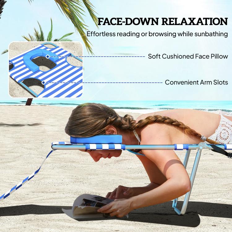 Blue striped face-down lounge chair with cushioned head pillow and arm slots