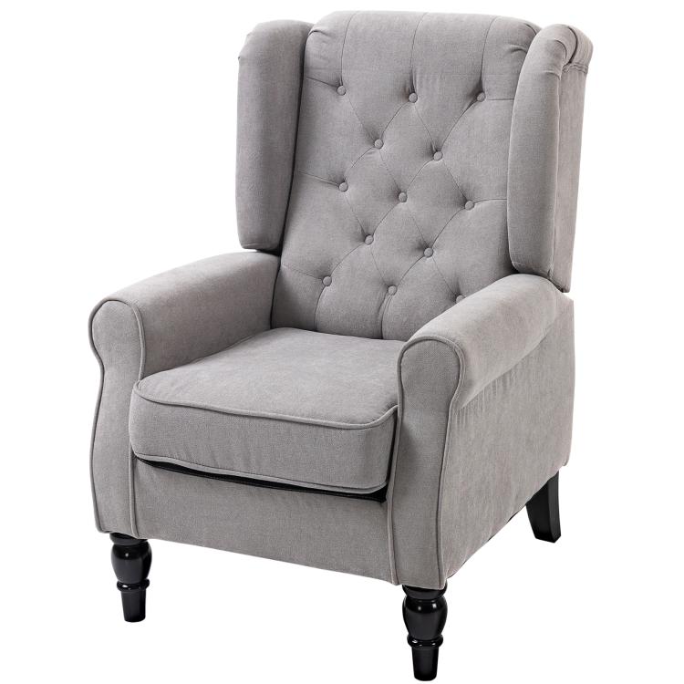 Gray wingback reading chair with button-tufted back, cushioned seat, and turned legs.