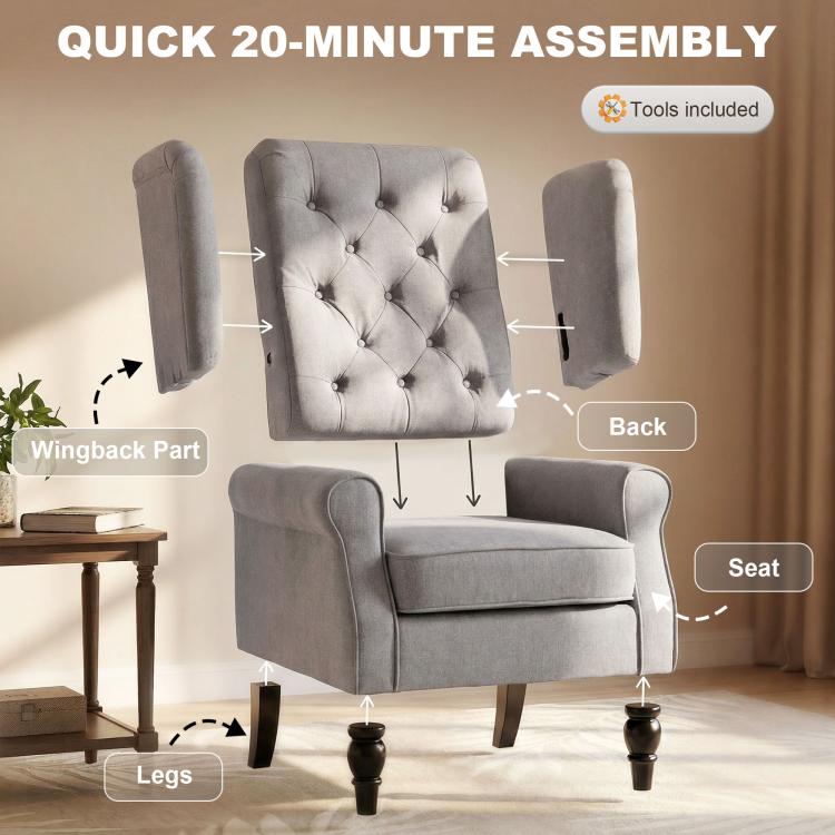 Wingback chair assembly diagram showing back, seat, and legs attachment.