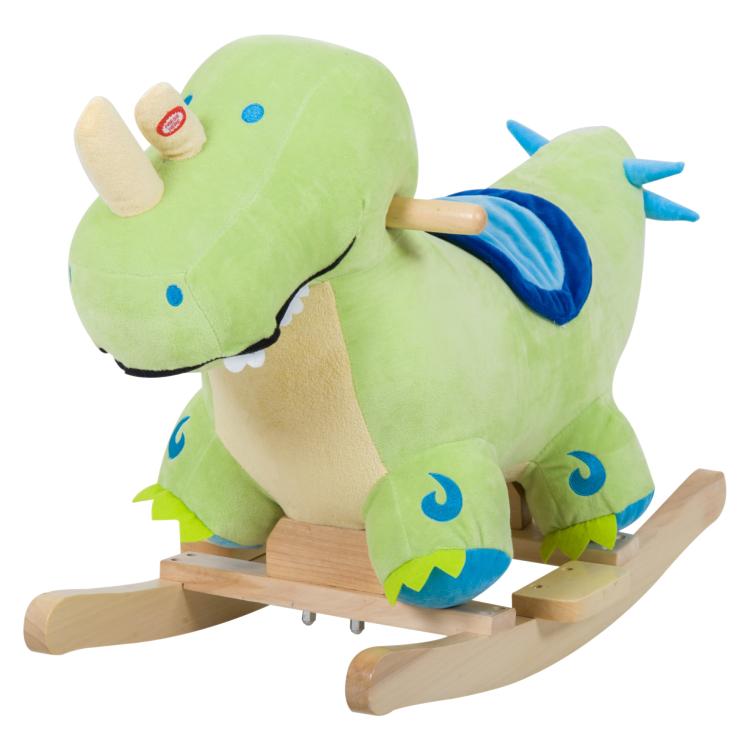 Green plush dinosaur rocking horse toy with blue saddle and wooden rocking base