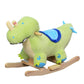 Side view green plush dinosaur ride-on rocker with blue cloth mane and wooden rockers