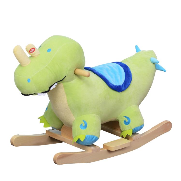Side view green plush dinosaur ride-on rocker with blue cloth mane and wooden rockers