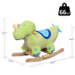 Green plush dinosaur ride-on rocker with blue saddle, wooden base and size markings