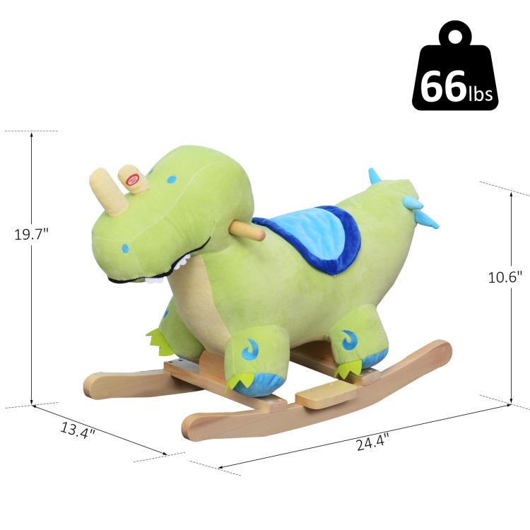 Green plush dinosaur ride-on rocker with blue saddle, wooden base and size markings