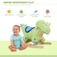 Kids using green plush dinosaur rocking horse with blue saddle and wooden base