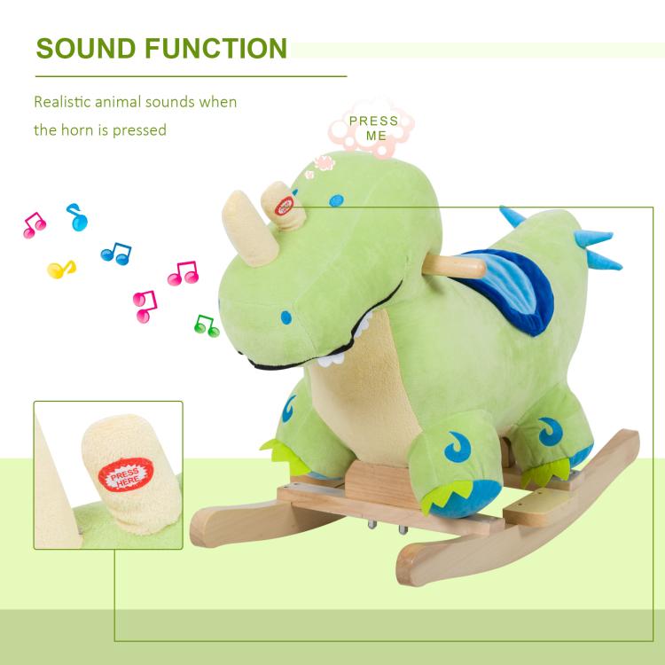 Green plush dinosaur rocking horse with blue saddle and horn press for realistic sounds