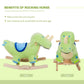 Green plush dinosaur rocking horse shown front and side with blue saddle and wooden base