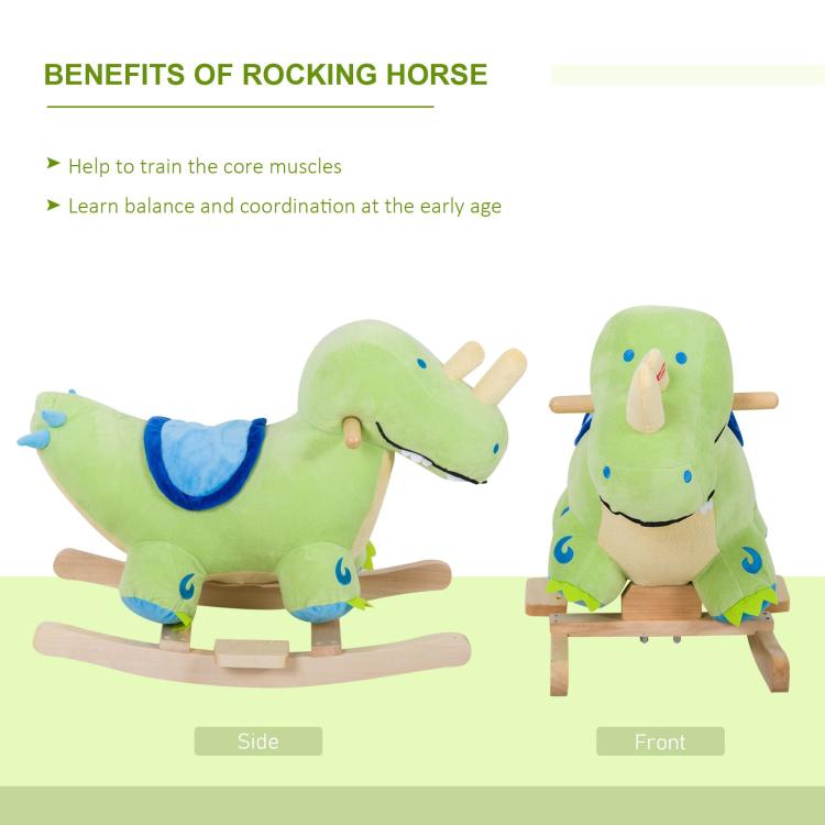Green plush dinosaur rocking horse shown front and side with blue saddle and wooden base