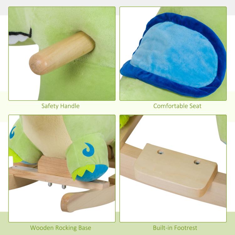 Close-up features: wooden rocking base, safety handle, comfortable seat, built-in footrest