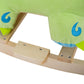 Wooden rocking base of green plush dinosaur ride-on with blue embroidered belly design